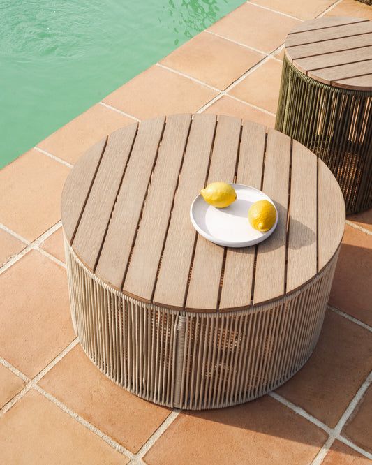 Club table Dandara made of steel, cord in natural (beige) color and solid acacia wood, Ø70 cm, FSC 100%.