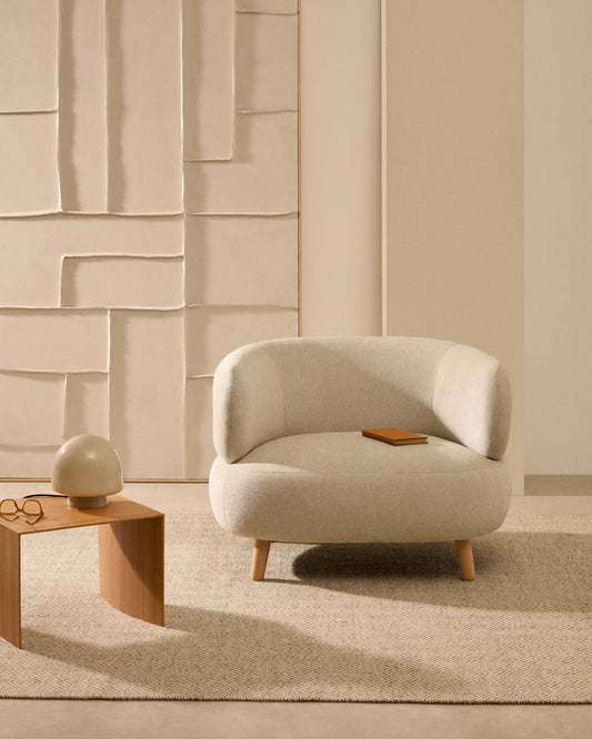 Luisa armchair in pearl chenille with solid beech legs 90 cm