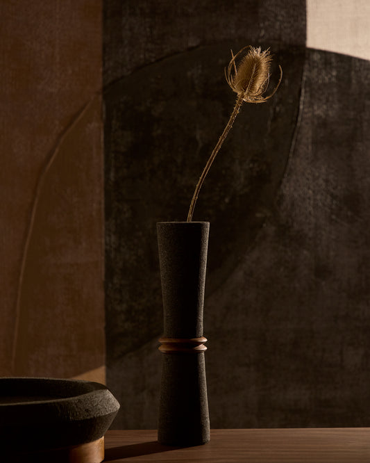 Naro vase made of black stone and teak 30 cm