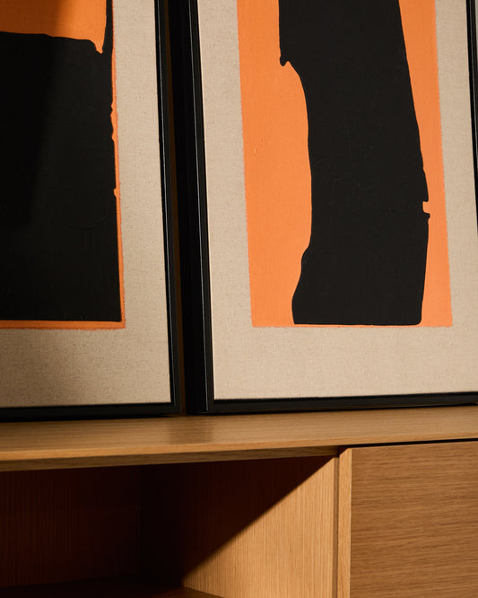 Grain hand painted orange and black with canvas abstract painting 42 x 65 cm