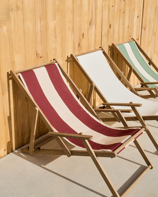 Wilara burgundy and beige striped outdoor folding lounger made of FSC 100% solid acacia wood