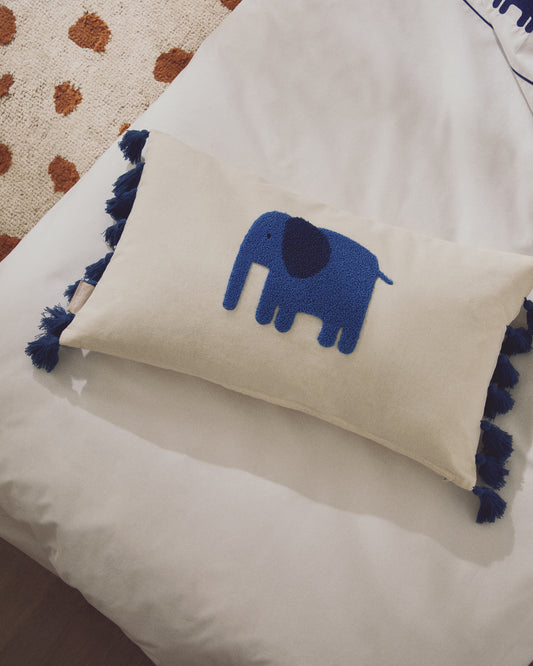Tandani beige cotton cushion cover with embroidered blue elephant, 30 x 50 cm