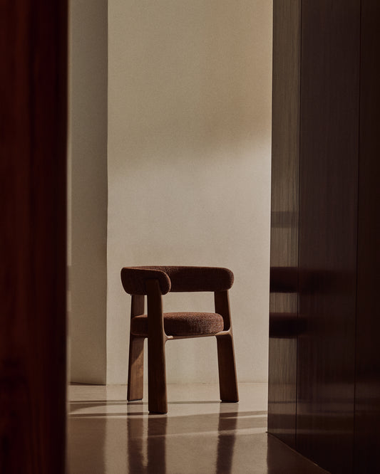 Granite chair with 3 legs in brown chenille and solid ash wood in walnut color FSC 100%