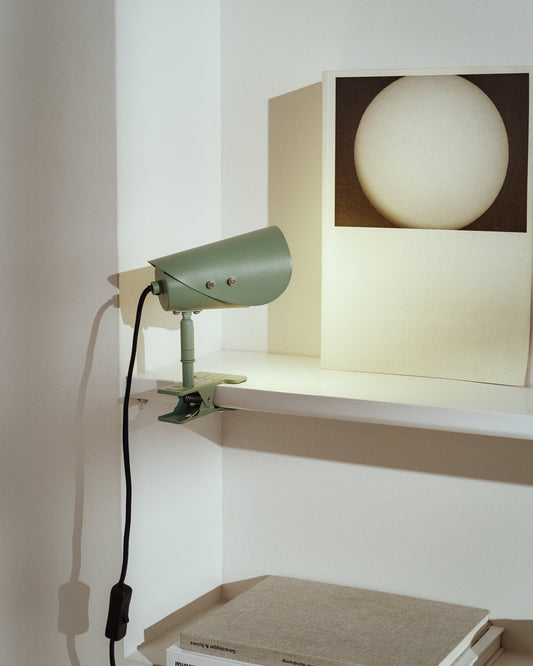 Jula small lamp with green metal clamp