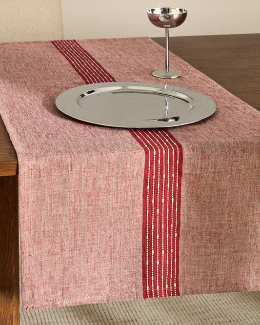 Calena linen jacquard tablecloth with red central stripe 50 x 150 cm
