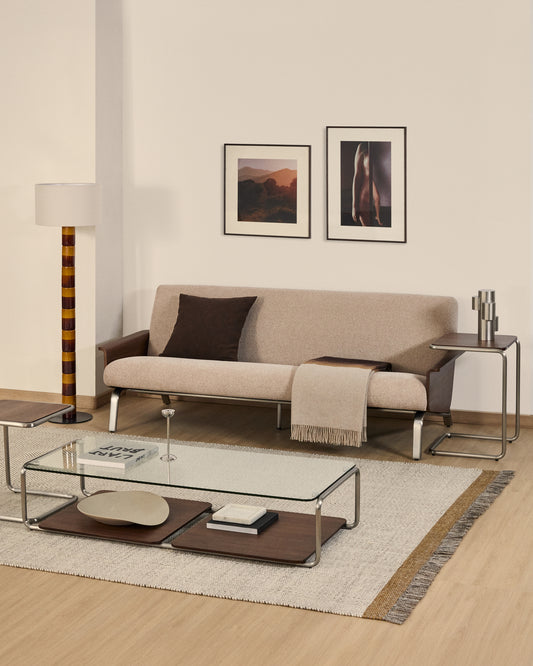 Amsen light brown 3-seat walnut plywood sofa with brushed stainless steel legs 205cm