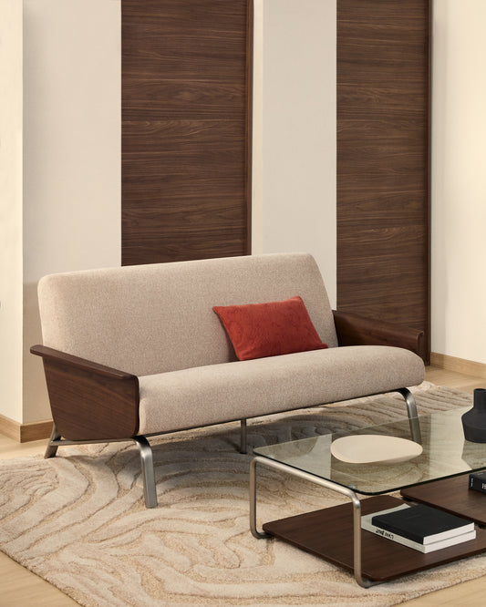 Amsen light brown walnut plywood two-seater with brushed stainless steel legs 165cm