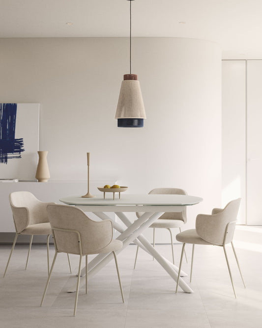 Yodalia round extendable table made of glass and MDF with steel legs in white, 130 (190) x 100 cm