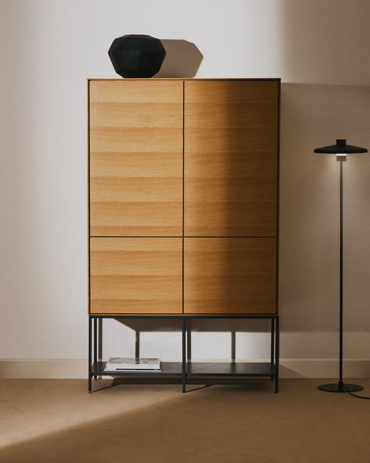 Clear tall chest of drawers with 4 doors in oak veneer with steel legs, 97.5 x 160 cm