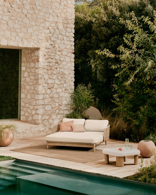 Catalina double lounger in beige rope and FSC 100% solid acacia wood