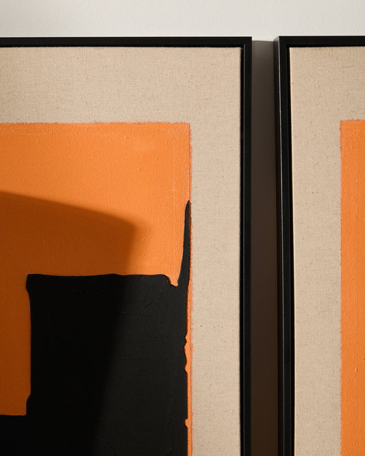 Grain hand painted orange and black on canvas abstract painting 42 x 65 cm