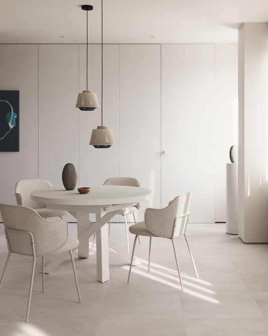 Vashti round extendable table made of glass and MDF with steel legs in white color, Ø 120(160)x120cm