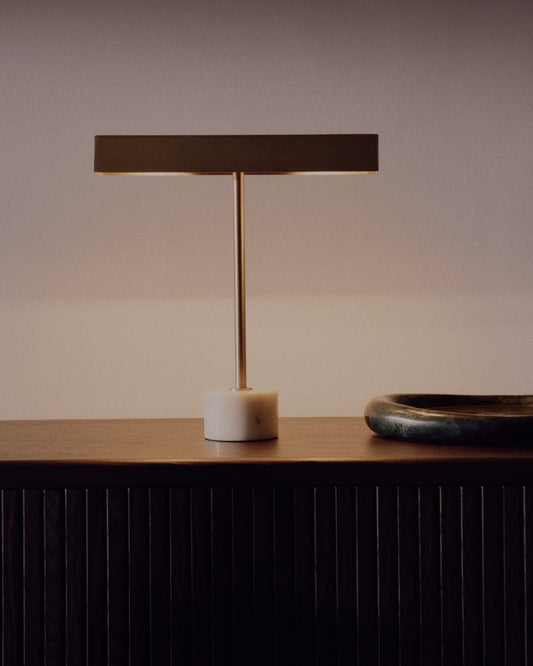 Lynor table lamp in brushed metal with a white marble base