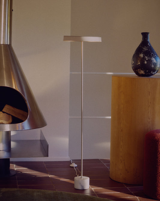 Lynor floor lamp in brushed steel with a white marble base