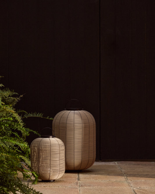 Small portable LED table lamp Saranella in light gray synthetic rattan