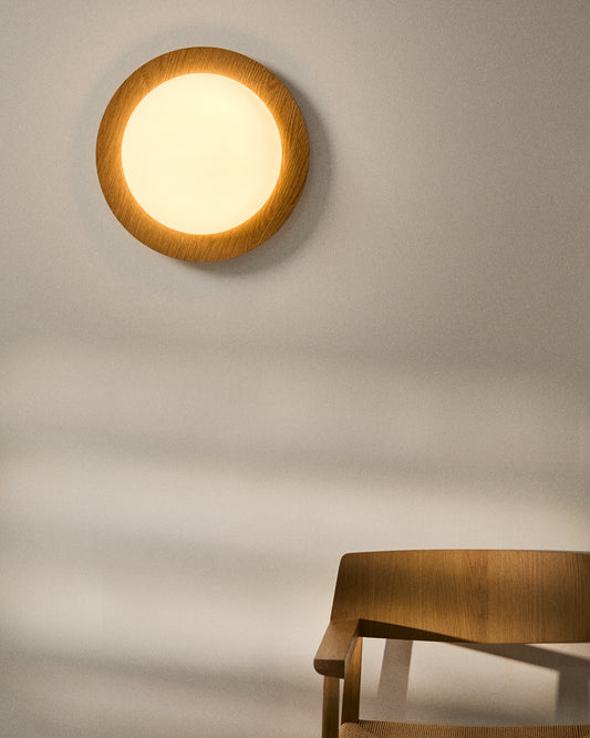 Novae ceiling lamp in light wood finish and brushed steel with frosted glass Ø 40 cm