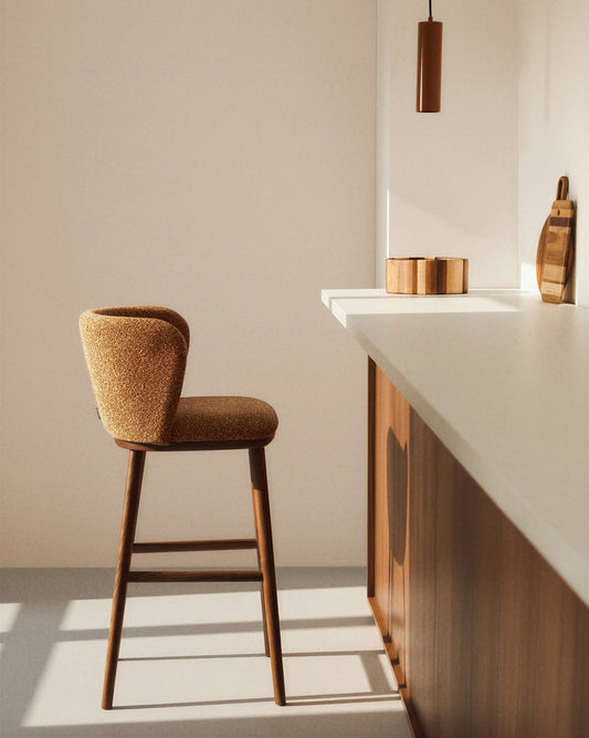 Ciselia stools in terracotta thick chenille, solid ash legs with walnut finish FSC Mix Credit 75 cm