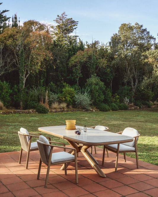 Mirtia outdoor table made of aluminum with the effect of wood and sintered stone in natural (crudo) color 240 × 110 cm