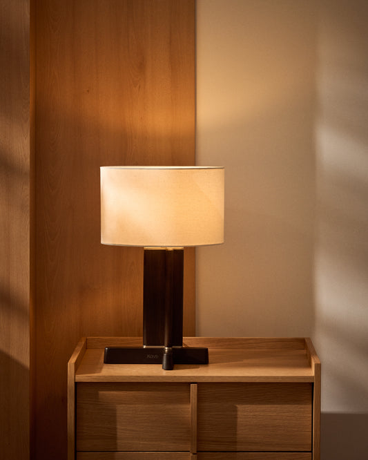 Niani table lamp made of rubber wood in a dark finish with an ivory cotton shade Ø 30 cm