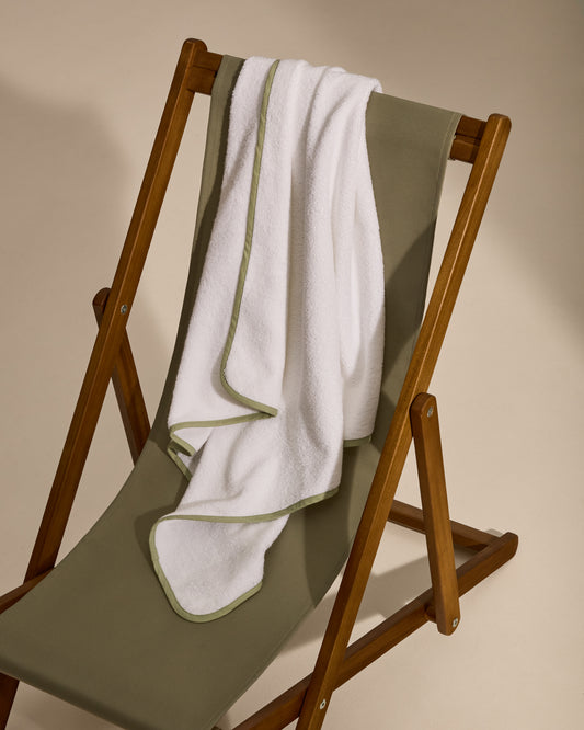 White cotton Nuni hooded towel with green trim