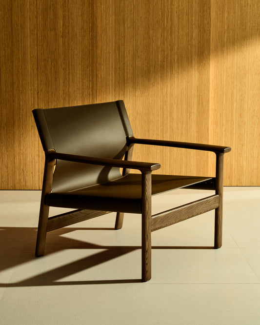 Jan armchair in dark brown recycled leather fiber and FSC 100% solid ash wood with walnut finish