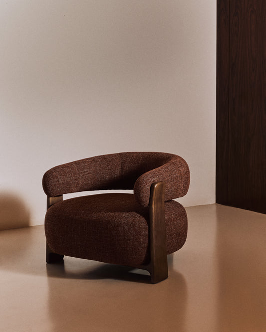 Granite brown chenille armchair with legs in solid ash wood in walnut color FSC 100%
