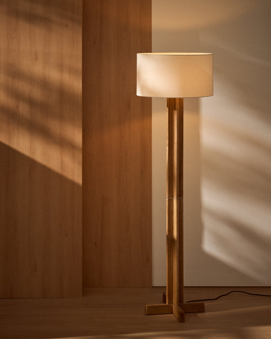 Niani floor lamp made of rubber wood in a natural tone finish with an ivory cotton shade