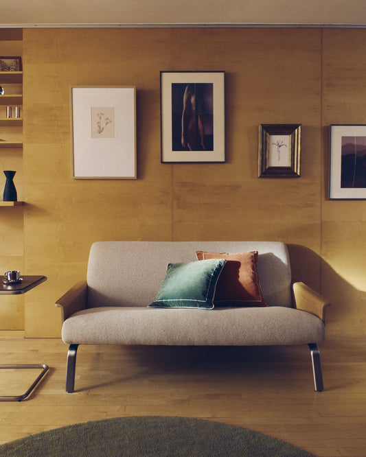 Amsen beige two-seater oak plywood with brushed stainless steel legs 165cm