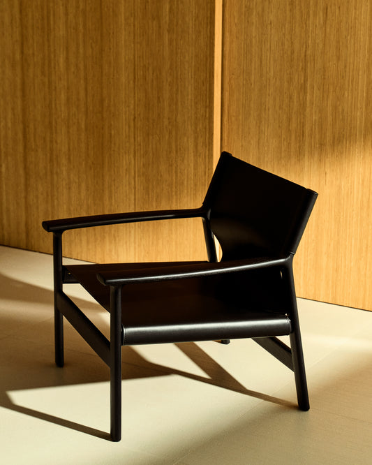 Jan armchair in black recycled leather fiber and FSC 100% solid ash wood with black finish