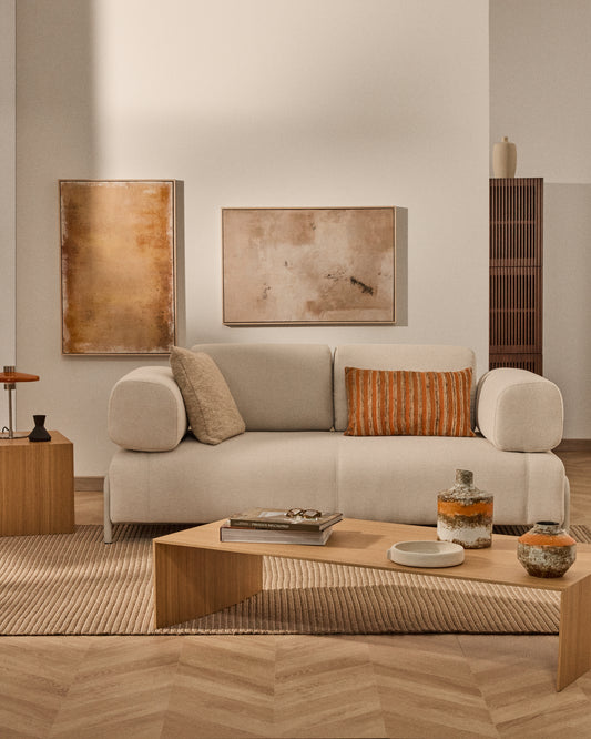 Compo two-seater sofa in ecru chenille fabric with beige metal frame, length 200 cm, FSC Mix Credit certified.