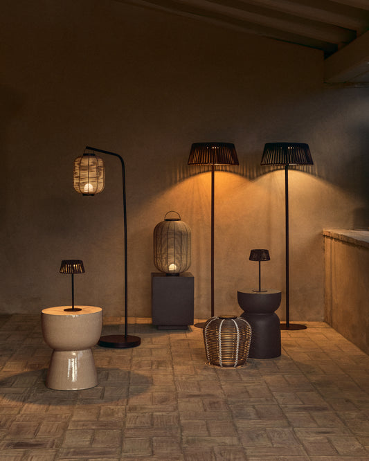 Solar table lamp for outdoor use Garoina LED made of synthetic rattan, top Ø35 cm