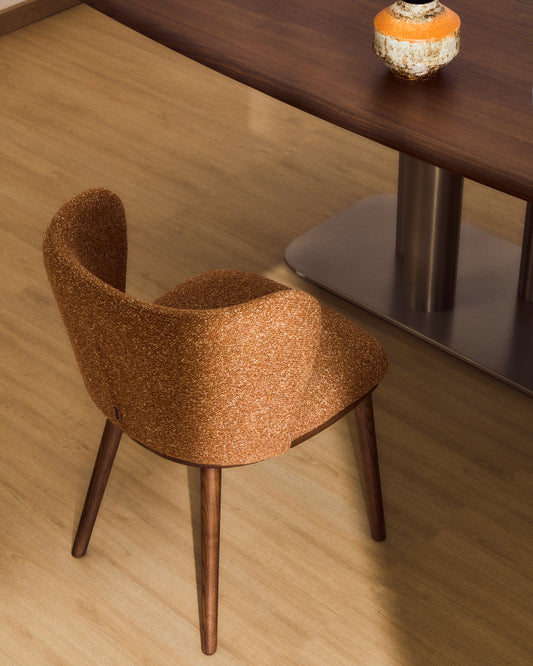 Ciselia chair in terracotta thick chenille with solid ash legs in walnut finish FSC Mix Credit