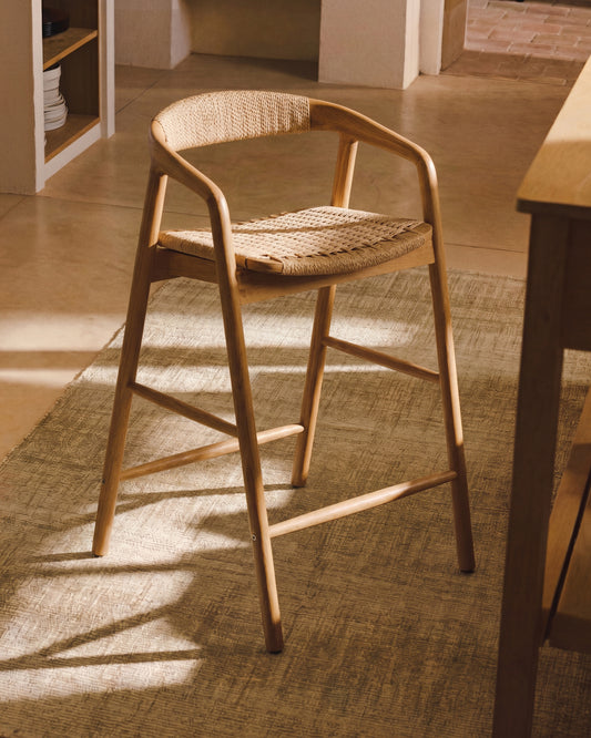 Derile stool in solid oak wood with natural-tone finish and beige paper rope cord FSC Mix Credit 65 cm
