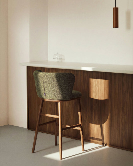 Ciselia stools in dark green thick chenille with solid ash legs, walnut finish, FSC, 65 cm