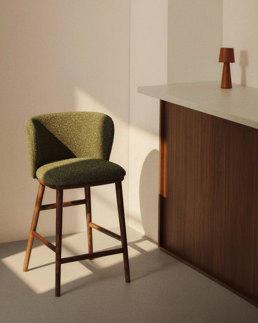 Ciselia stools in dark green thick chenille with solid ash legs, walnut finish, FSC, 75 cm