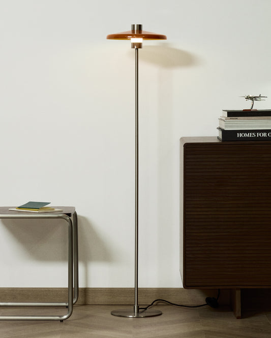 Nuvira floor lamp in light gray brushed metal base with orange lampshade