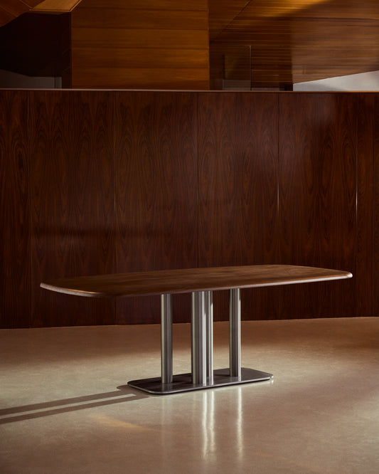 Melvar table in walnut veneer with brushed stainless steel legs 220 x 110cm