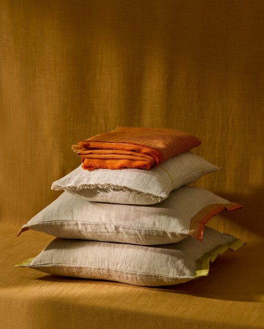 Disea linen cushion cover, beige with orange detail, 45 x 45 cm