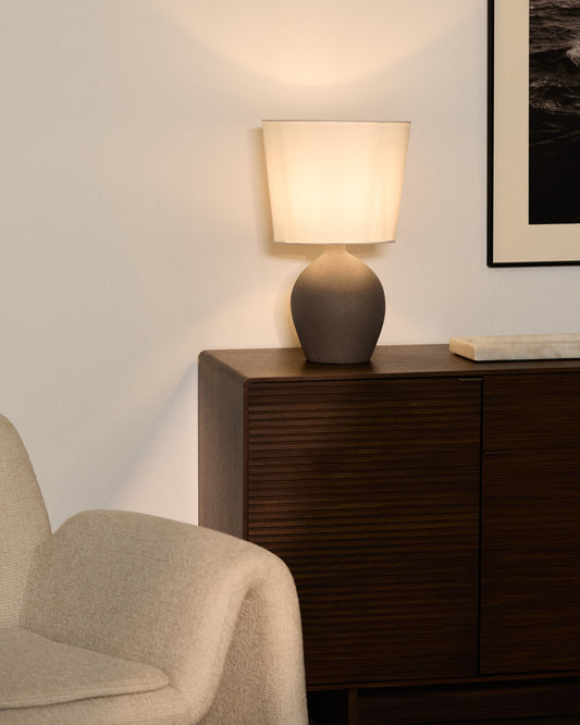 Viona medium table lamp with textured imitation stone and cotton shade