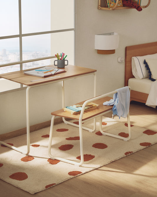 Tinn pewter bench with beige metal construction, 75 cm