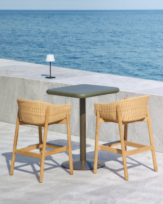 Esilda outdoor high table with green cement board 70x70cm and green steel base Ø55x96cm