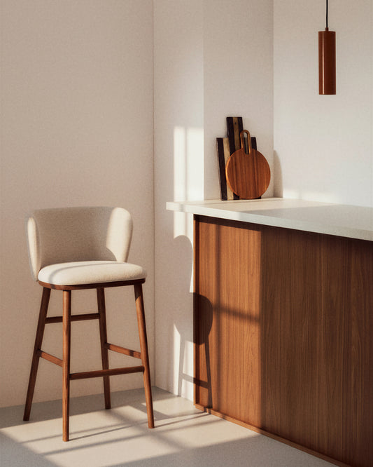 Ciselia stool in beige thick chenille with solid ash legs with walnut finish FSC Mix Credit 75 cm