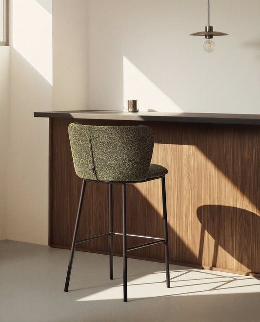 Ciselia coffee table in dark green thick chenille upholstery with steel legs in black, FSC Mix Credit 75 cm