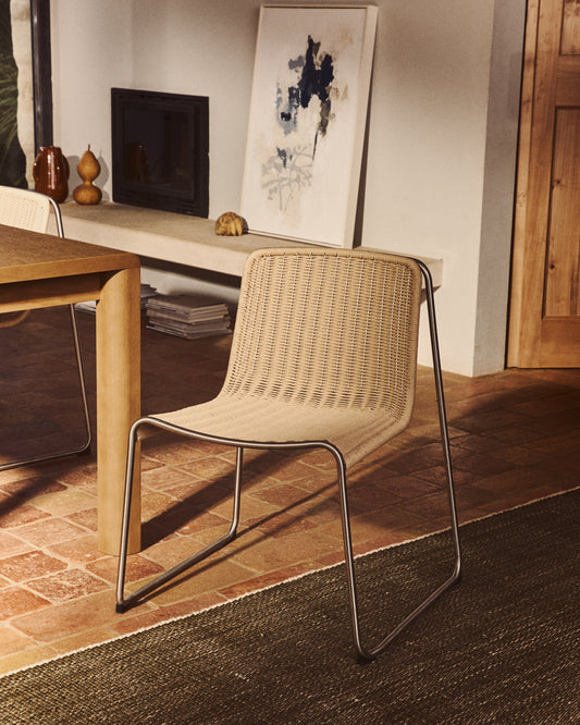 Tavari folding chair in beige synthetic rope and stainless steel AISI 304 with brushed effect