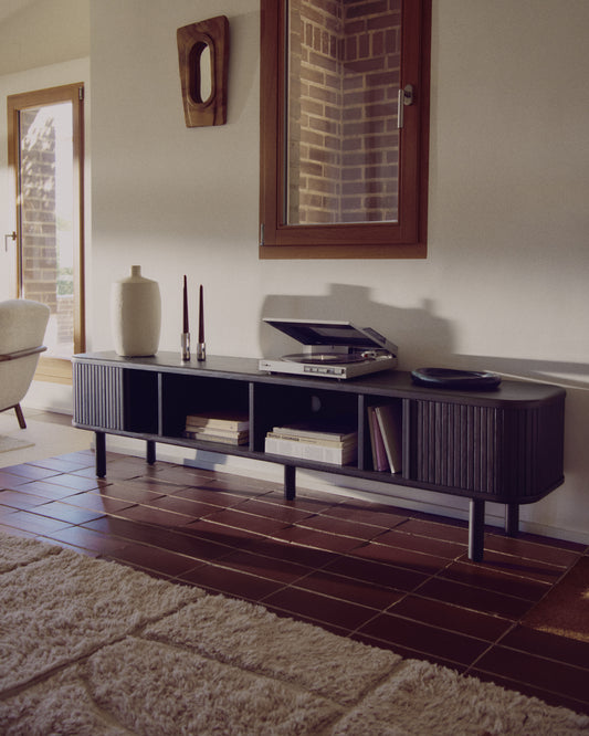 Mailen tv stand with 2 doors in ash veneer with dark finish 200 x 50 cm