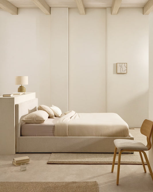Nahiri bed with lifting mechanism, made of beige chenille, for mattress 160 x 200 cm