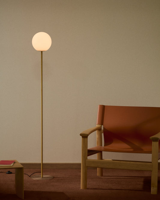 Brisia metal floor lamp, brushed brass, with one frosted glass globe Ø25 cm