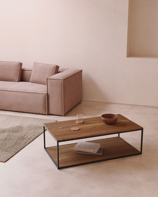 Yoana coffee table with walnut oak veneer and painted black metal frame, 110 x 60 cm