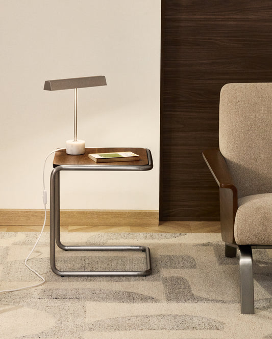 Tarsel coffee table in walnut veneer with brushed stainless steel legs 42 x 47 cm