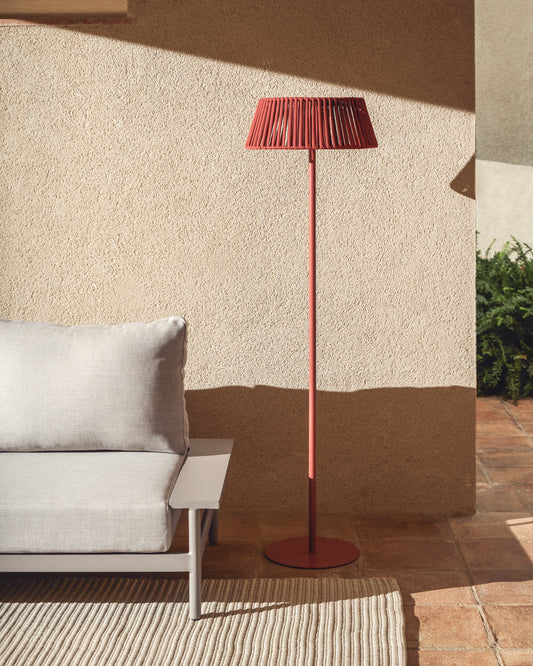 Solar table lamp Aldet for outdoor spaces made of flat string with metal base, terracotta color Ø46 cm